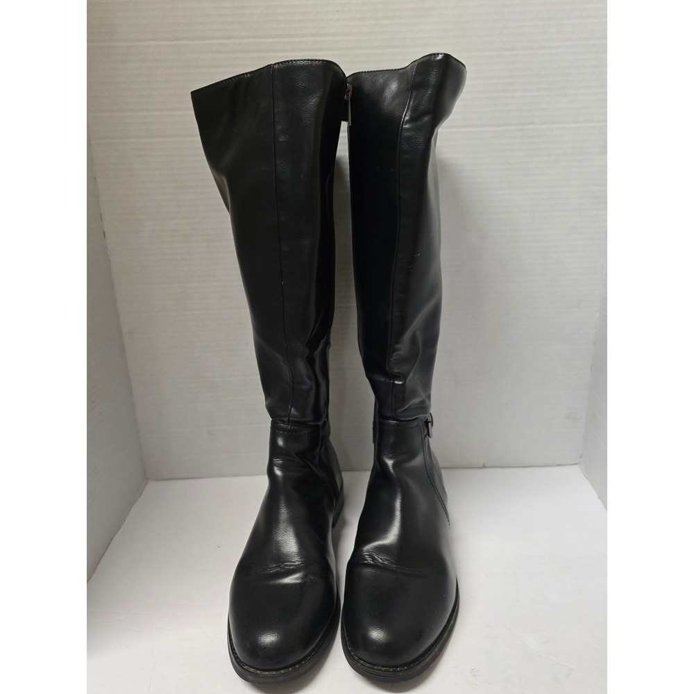Black Knee High Riding Boots Wide Calf Elastic Gore Buckle Detail Size 9.5W